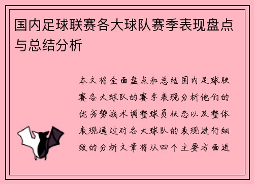 国内足球联赛各大球队赛季表现盘点与总结分析