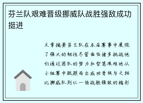 芬兰队艰难晋级挪威队战胜强敌成功挺进